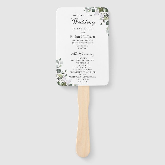 Eukalyptus Wedding Program Hand Fan Fächer (Vorderseite)