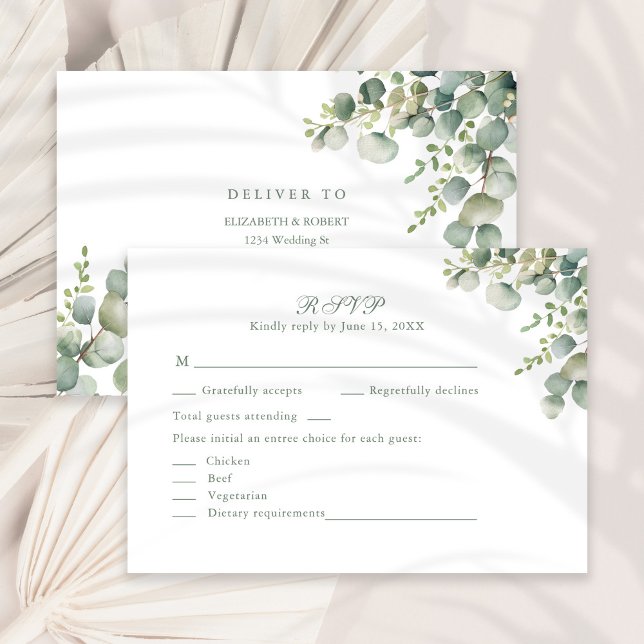 Eukalyptus Wedding RSVP Card für moderne Grünpflan Dankeskarte (Modern Greenery Eucalyptus Wedding RSVP Card on a sunny neutral dry palm leaf.)