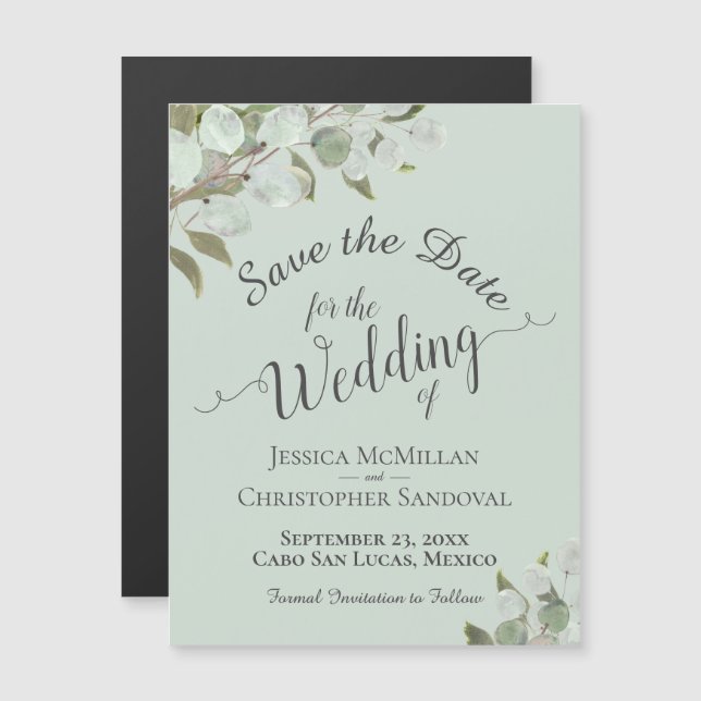 Eukalyptus Wedding Save the Date Calligrafy Mint Magneteinladung (Vorne/Hinten)
