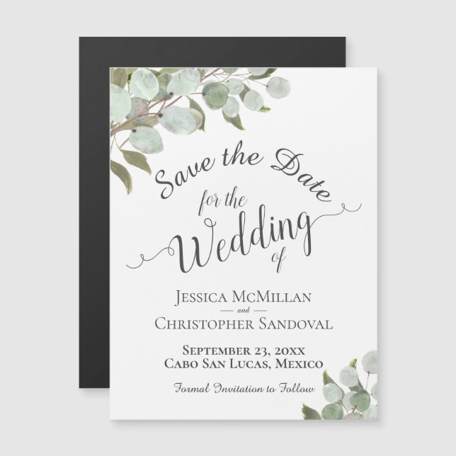 Eukalyptus Wedding Save the Date Calligraphy White Magneteinladung (Vorne/Hinten)