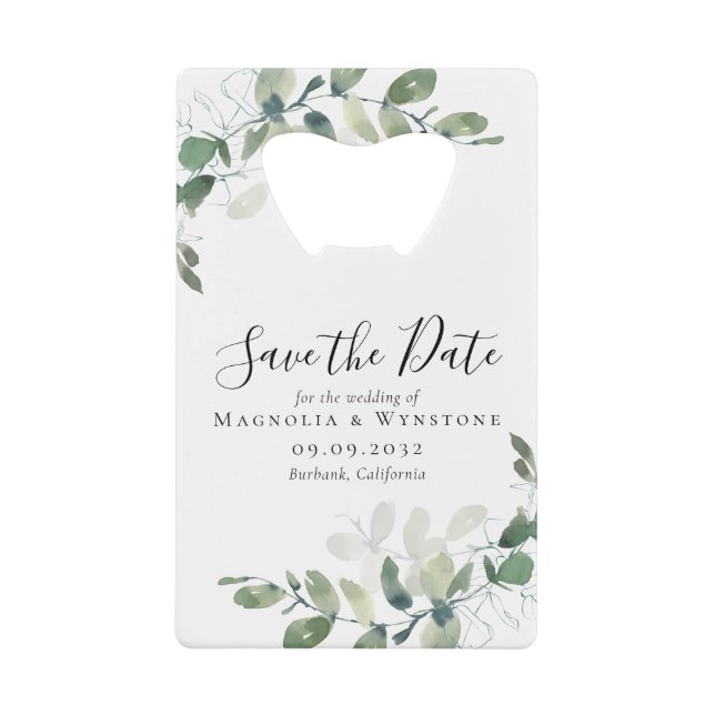 Eukalyptus Wedding Save the Date Geldbeutel Flaschenöffner (Vorderseite)