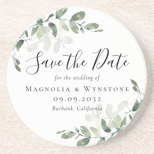 Eukalyptus Wedding Save the Date Getränkeuntersetzer (Vorne)