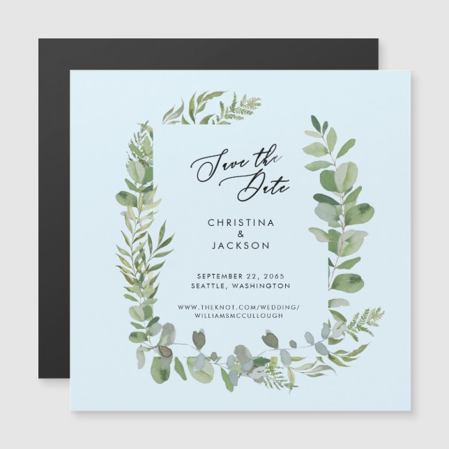Eukalyptus Wedding Save the Date Ice Blue Magneteinladung (Vorne/Hinten)