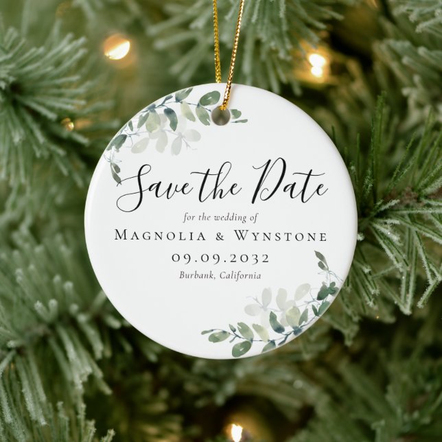 Eukalyptus Wedding Save the Date Keramik Ornament (Baum)