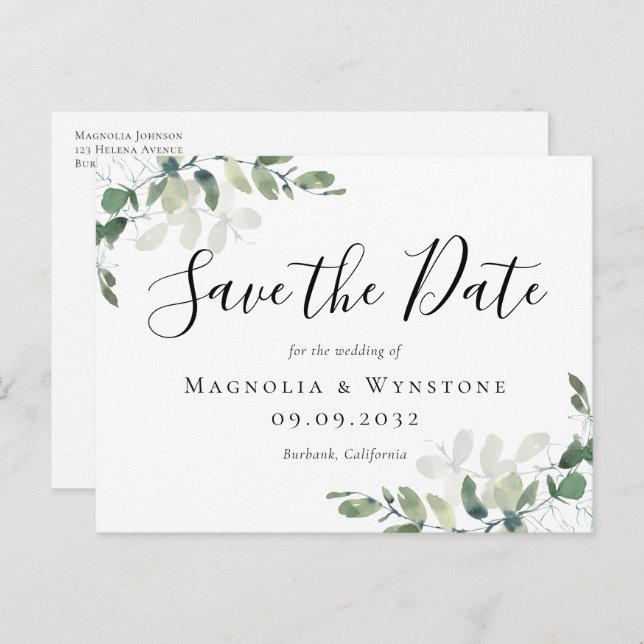 Eukalyptus Wedding Save the Date Postkarte (Vorne/Hinten)