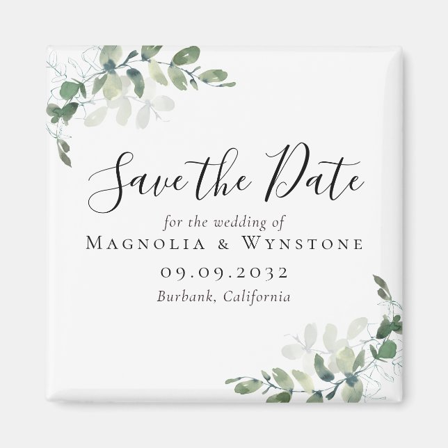 Eukalyptus Wedding Save the Date Square Magnet (Vorne)