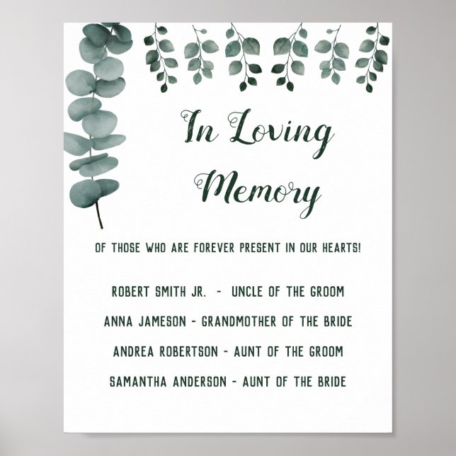 Eukalyptus Wedding Sign in Love Memory Greenery Poster (Vorne)
