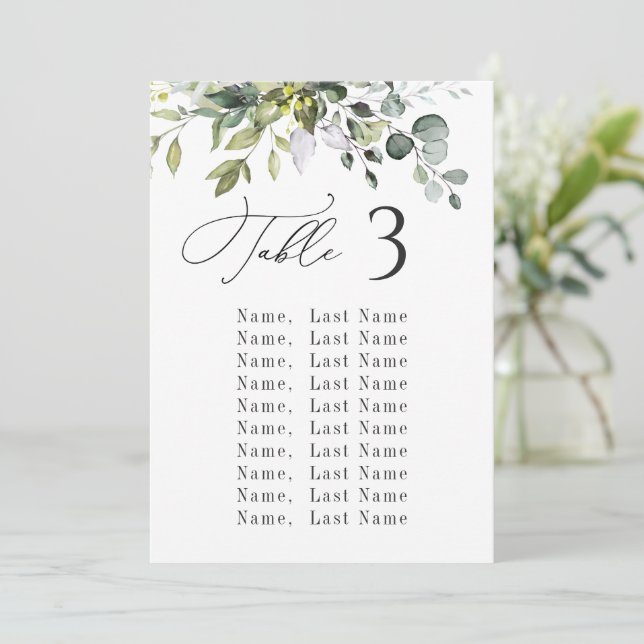 Eukalyptus Wedding Table Chart Cards Einladung (Stehend Vorderseite)