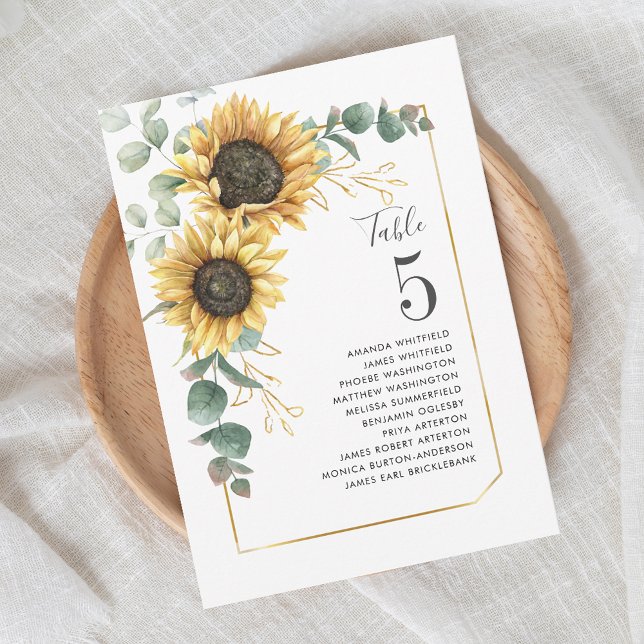 Eukalyptus Wedding Tischnummer 5 (Floral Sunflower Eucalyptus Wedding Reception Table Number 5)