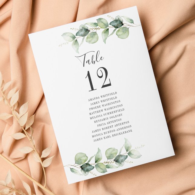 Eukalyptus Wedding Tischnummer mit Gästennamen (Watercolor Eucalyptus Wedding  Reception Table Number Card)