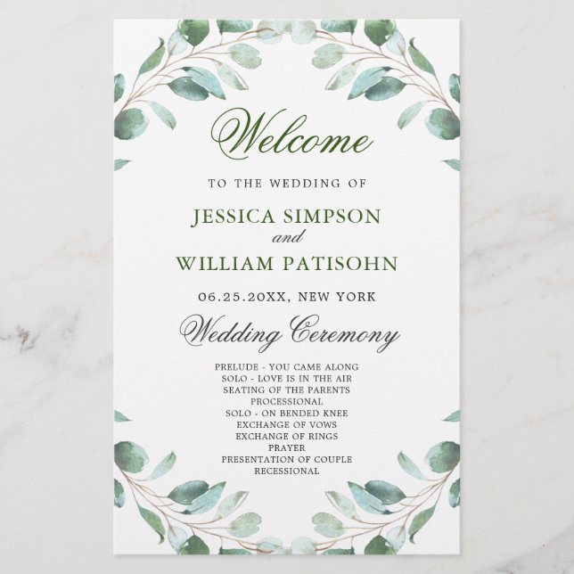 Eukalyptus Wedding Zeremony Program (Vorderseite)