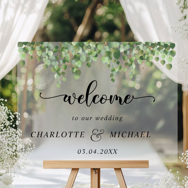 Eukalyptus Weddings Acrylschild (Eucalyptus Weddings Acrylic "Welcome" Sign, white transparent, with your names & date.)