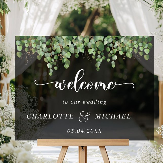 Eukalyptus Weddings Acrylschild (Eucalyptus Weddings Acrylic "Welcome" Sign, black transparent, with your names & date.)