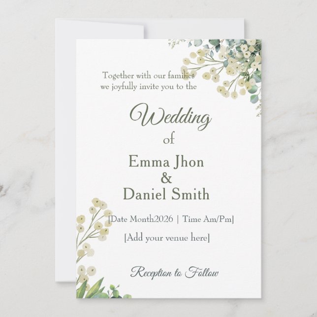 Eukalyptus & Weiße Blüten Botanische Hochzeit  Einladung (Vorderseite)