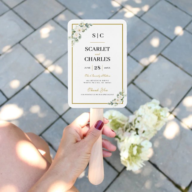 Eukalyptus Weiße Rose Hochzeitszeremonie Programm Fächer (Eucalyptus white rose program hand fan keeps guests cool with timeless ceremony elegance.)