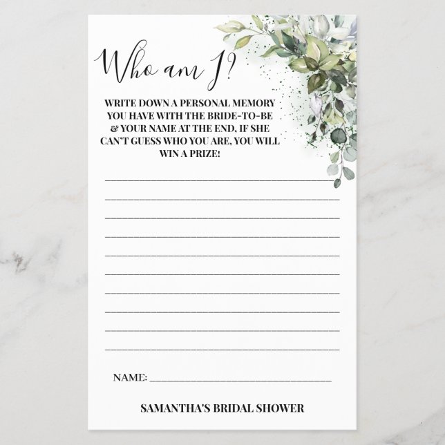 Eukalyptus Wer bin ich? Brautparty Game Card Flyer (Vorne)