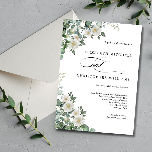 Eukalyptus White Blume Greenery Elegant Wedding Einladung (Eucalyptus and White Floral Watercolor Elegant Modern Trendy Wedding Invitation)