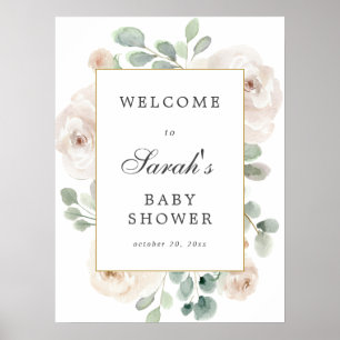 Eukalyptus White Floral Baby Dusche Begrüßungszeic Poster