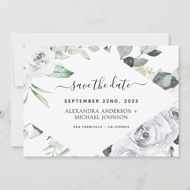 Eukalyptus White Floral Save the Date Einladung (Vorderseite)