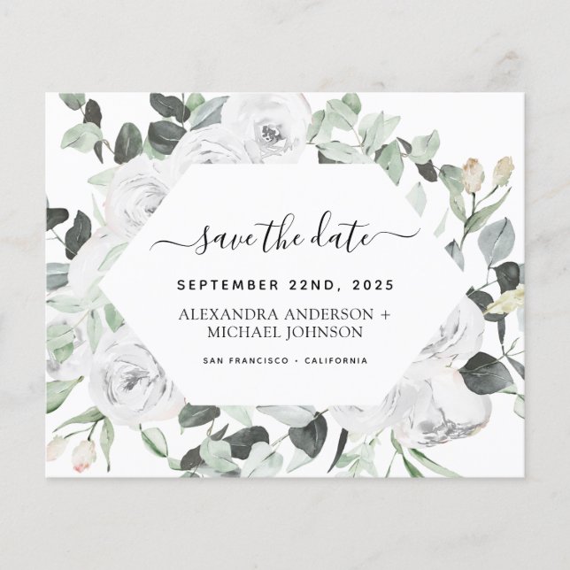 Eukalyptus White Floral Save the Date Flyer (Vorne)
