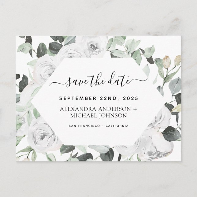 Eukalyptus White Floral Save the Date Postc Postkarte (Vorderseite)