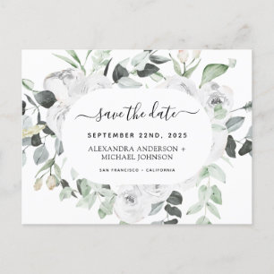 Eukalyptus White Floral Save the Date Postkarte