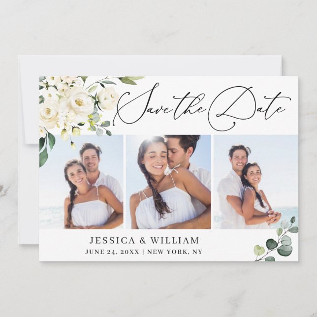 Eukalyptus White Roses 3 FOTO Wedding Save The Date (Vorderseite)