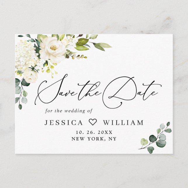 Eukalyptus White Roses Boho Wedding Save the Date Postkarte (Vorderseite)