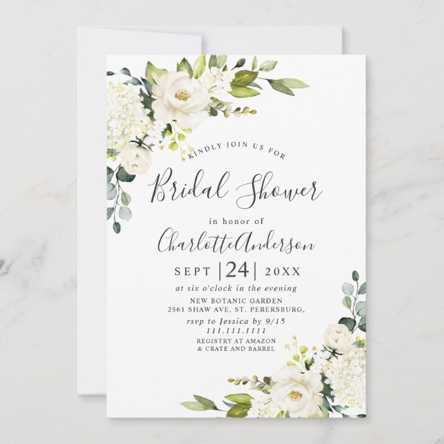 Eukalyptus White Roses Brautparty Einladung (Vorderseite)