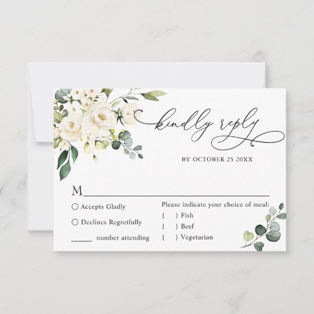 Eukalyptus White Roses Floral Wedding RSVP Karte (Vorderseite)