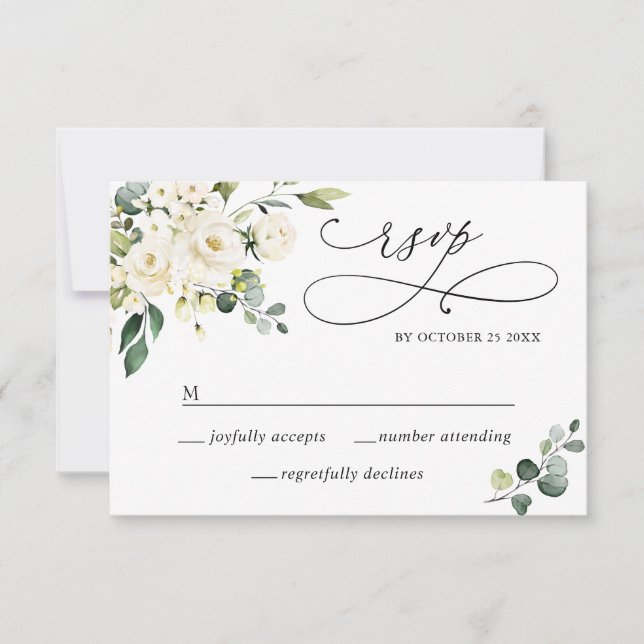 Eukalyptus White Roses Floral Wedding RSVP Karte (Vorderseite)