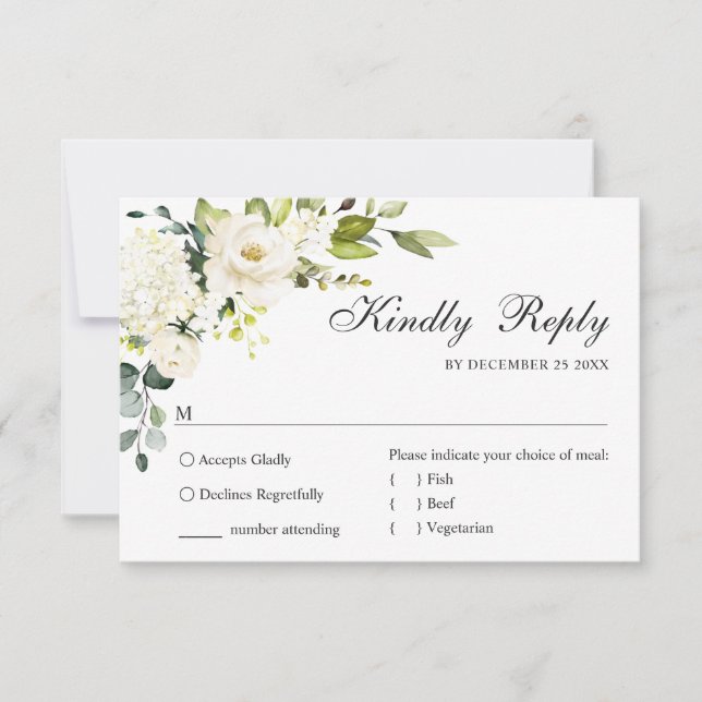 Eukalyptus White Roses Floral Wedding RSVP Karte (Vorderseite)