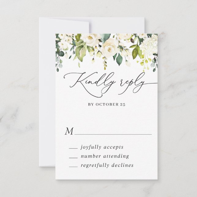Eukalyptus White Roses Floral Wedding RSVP Karte (Vorderseite)