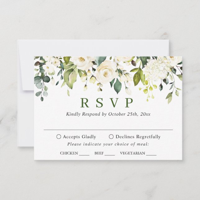 Eukalyptus White Roses Floral Wedding RSVP Karte (Vorderseite)