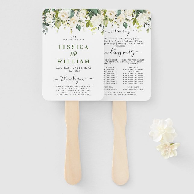 Eukalyptus White Roses Hochzeitsprogramm Fächer (Vorne und Hinten)