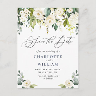 Eukalyptus White Roses Wedding Save the Date Postkarte