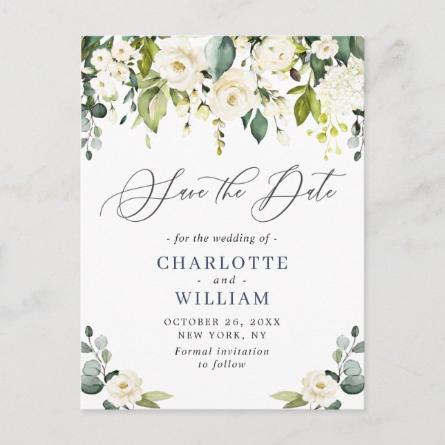 Eukalyptus White Roses Wedding Save the Date Postkarte (Vorderseite)