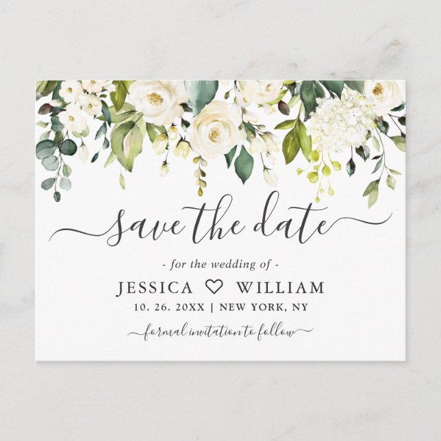 Eukalyptus White Roses Wedding Save the Date Postkarte (Vorderseite)