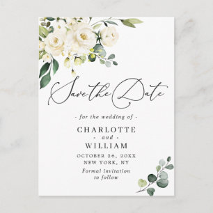 Eukalyptus White Roses Wedding Save the Date Postkarte