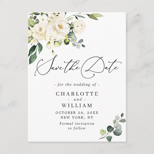 Eukalyptus White Roses Wedding Save the Date Postkarte (Vorderseite)
