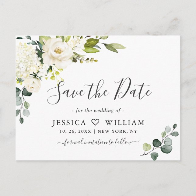Eukalyptus White Roses Wedding Save the Date Postkarte (Vorderseite)