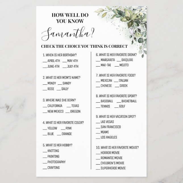 Eukalyptus Wie gut kennen Sie die Bride-Game-Karte Flyer (Vorne)