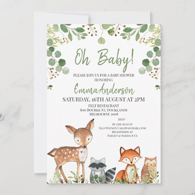 Eukalyptus Woodland Baby Shower Einladung (Vorderseite)