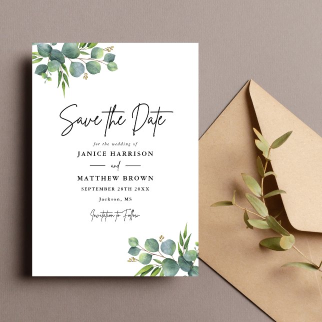 Eukalyptus Woodland Wedding Save The Date (Sage eucalyptus woodland save the date adds natural charm and shares your wedding date beautifully.)