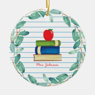 Eukalyptus Wreath Apple Books Teacher Keramik Ornament