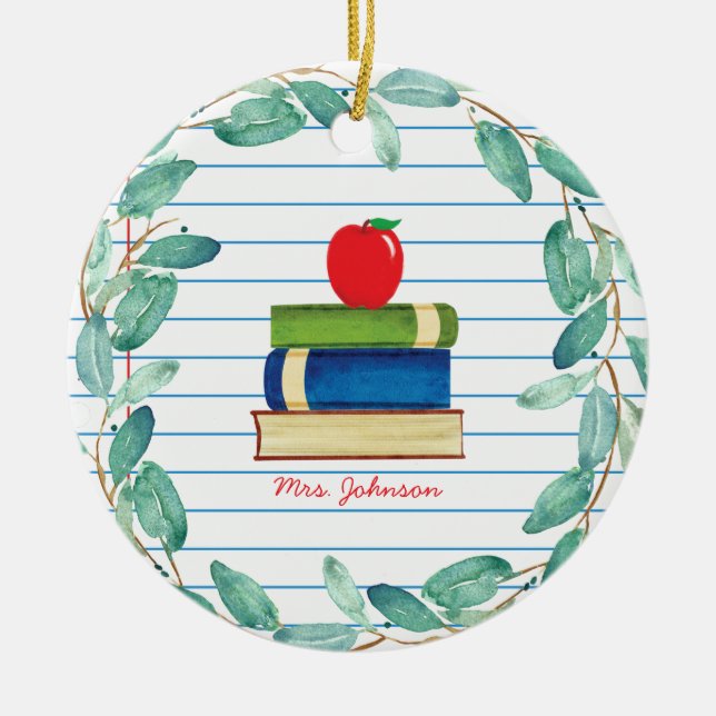 Eukalyptus Wreath Apple Books Teacher Keramik Ornament (Vorne)