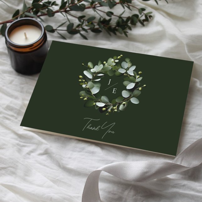 Eukalyptus Wreath | Dunkelgrün Dankeskarte (Dark Green Modern Monogram Eucalyptus Wreath Wedding Thank You Card)