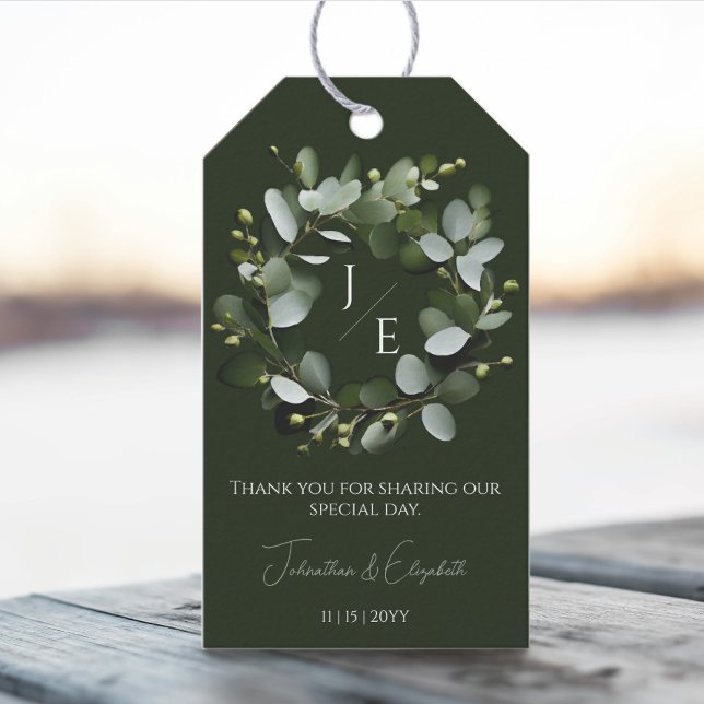 Eukalyptus Wreath | Dunkelgrün Geschenkanhänger (Dark Green Modern Monogram Eucalyptus Wreath Wedding Favor Tags)