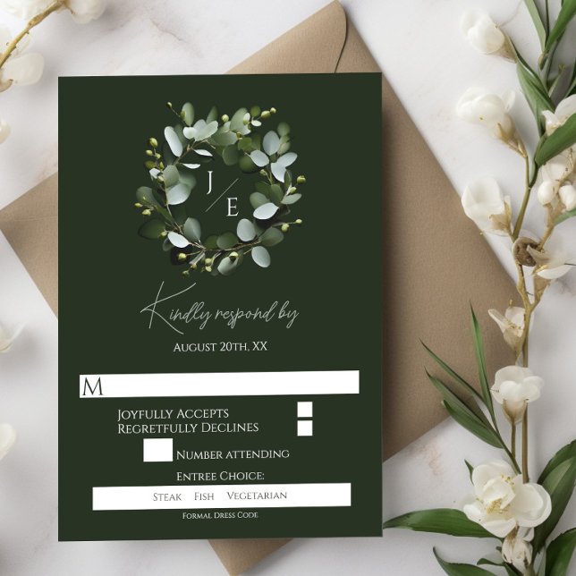 Eukalyptus Wreath | Dunkelgrün RSVP Karte (Dark Green Modern Monogram Eucalyptus Wreath Wedding RSVP)