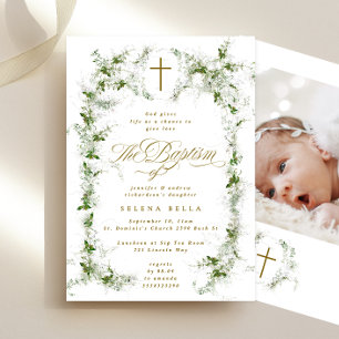 Eukalyptus Wreath Gold Cross Taufen Foto Einladung
